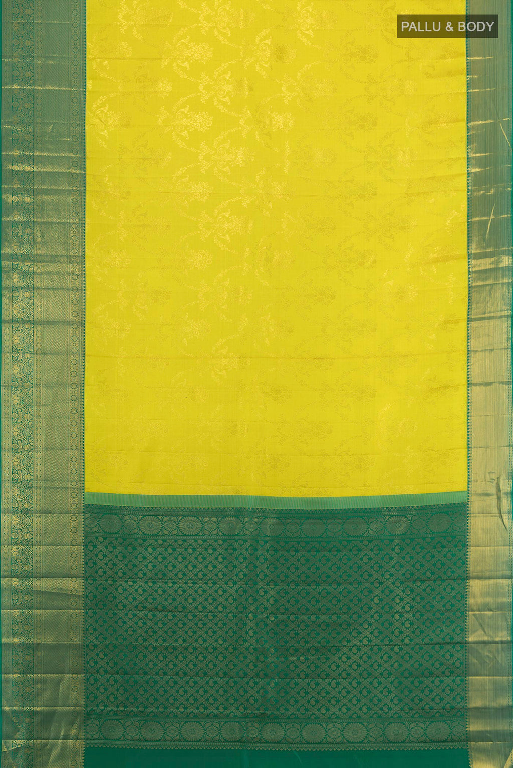 Flat view of Pure Silk Light Green Kanjivaram Saree with Zari Butta on the body and Silk Border. 
