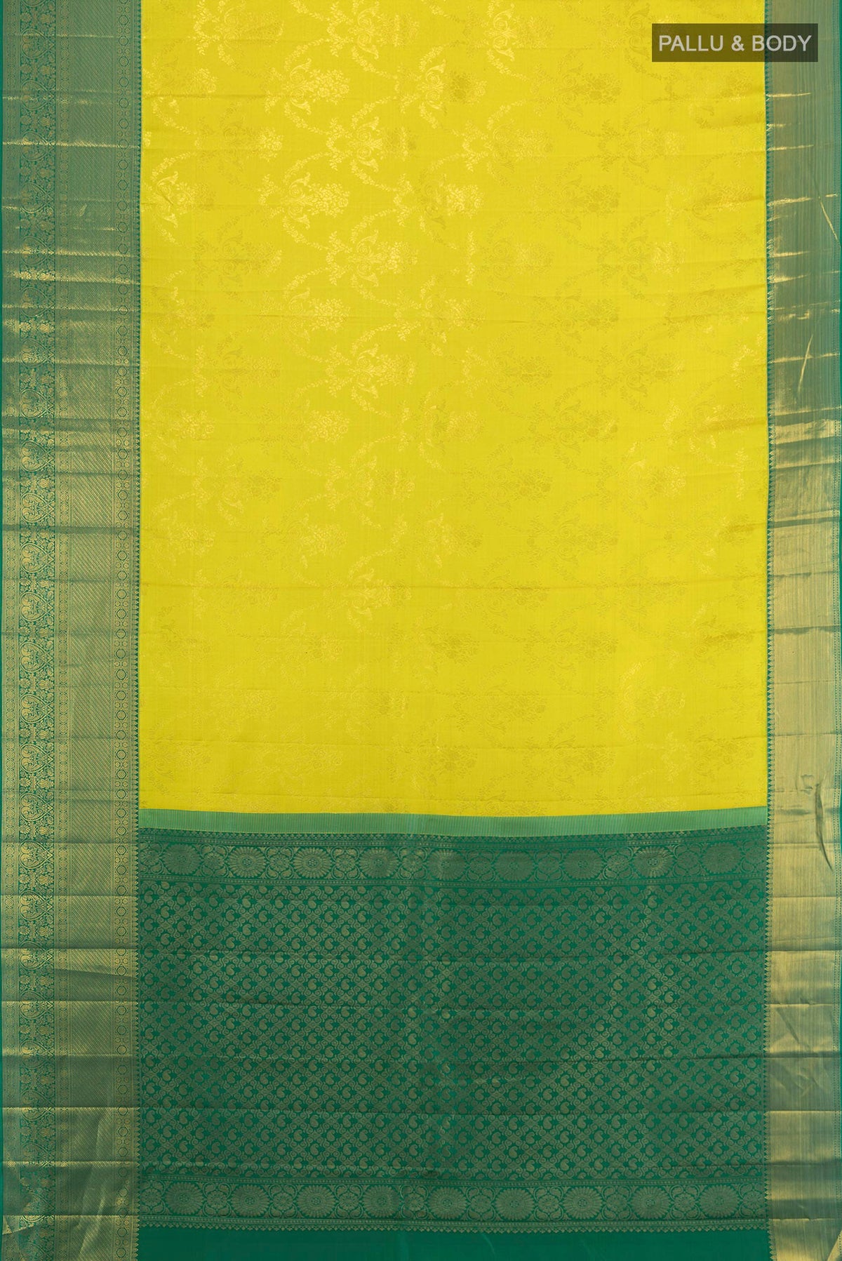 Flat view of Pure Silk Light Green Kanjivaram Saree with Zari Butta on the body and Silk Border. 