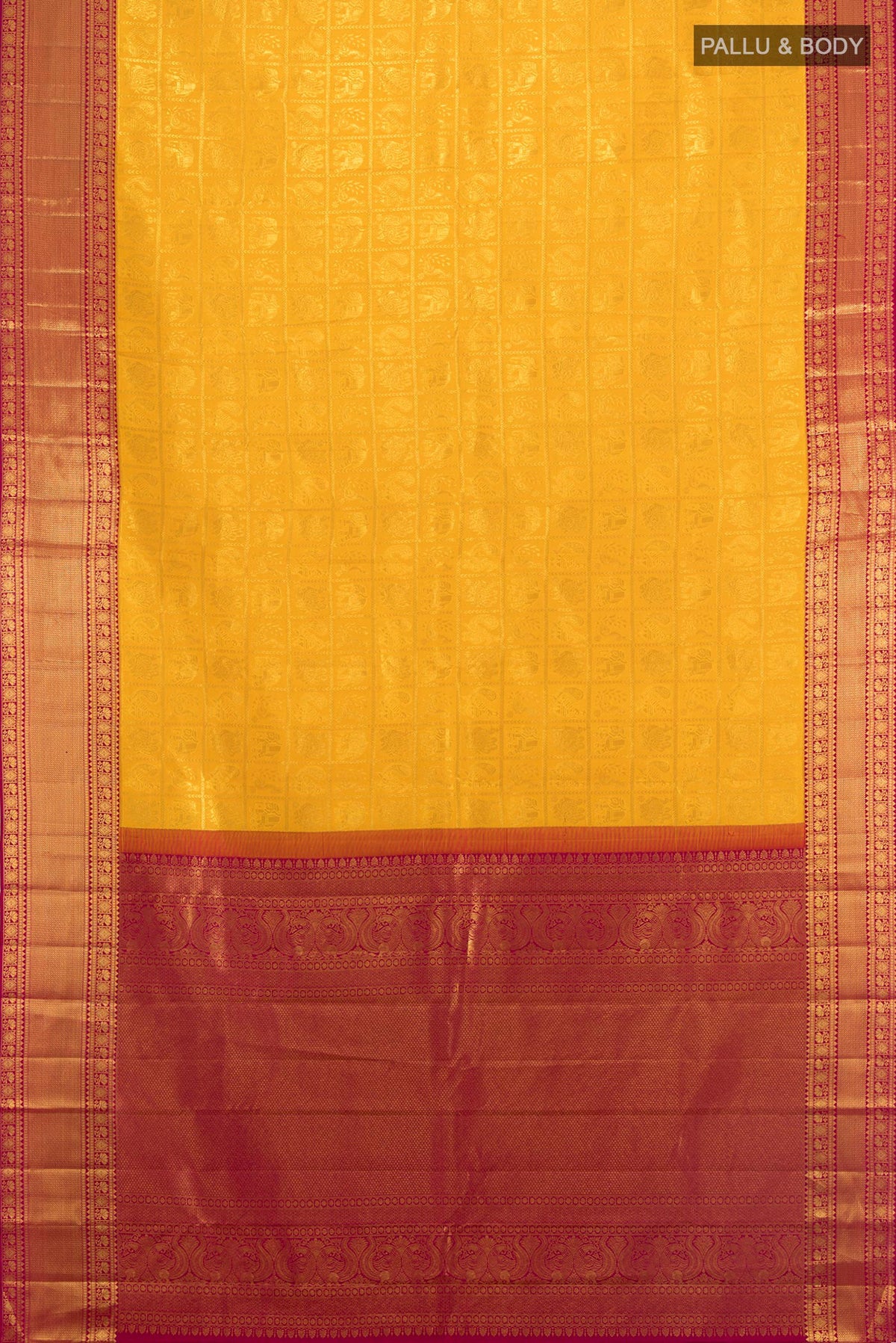 Flat view of Pure Silk Yellow Kanjivaram Saree with Zari Butta on the body and Silk Border. 