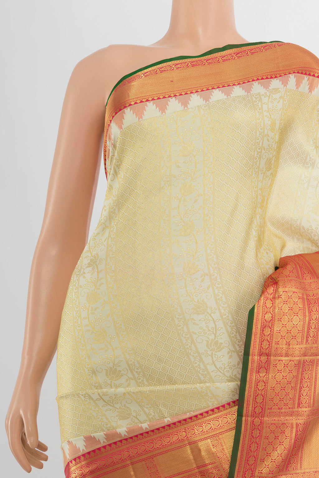 Border image of Pure Silk Golden Kanjivaram Saree with Zari Butta on the body and Silk Border. 