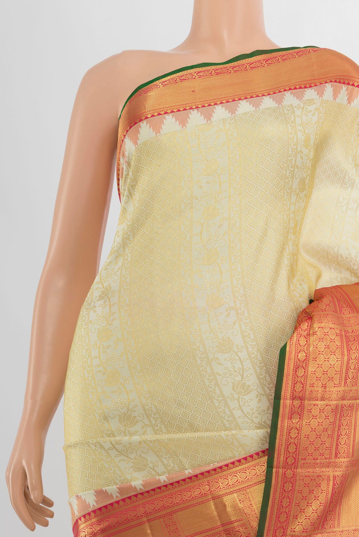 Border image of Pure Silk Golden Kanjivaram Saree with Zari Butta on the body and Silk Border. 