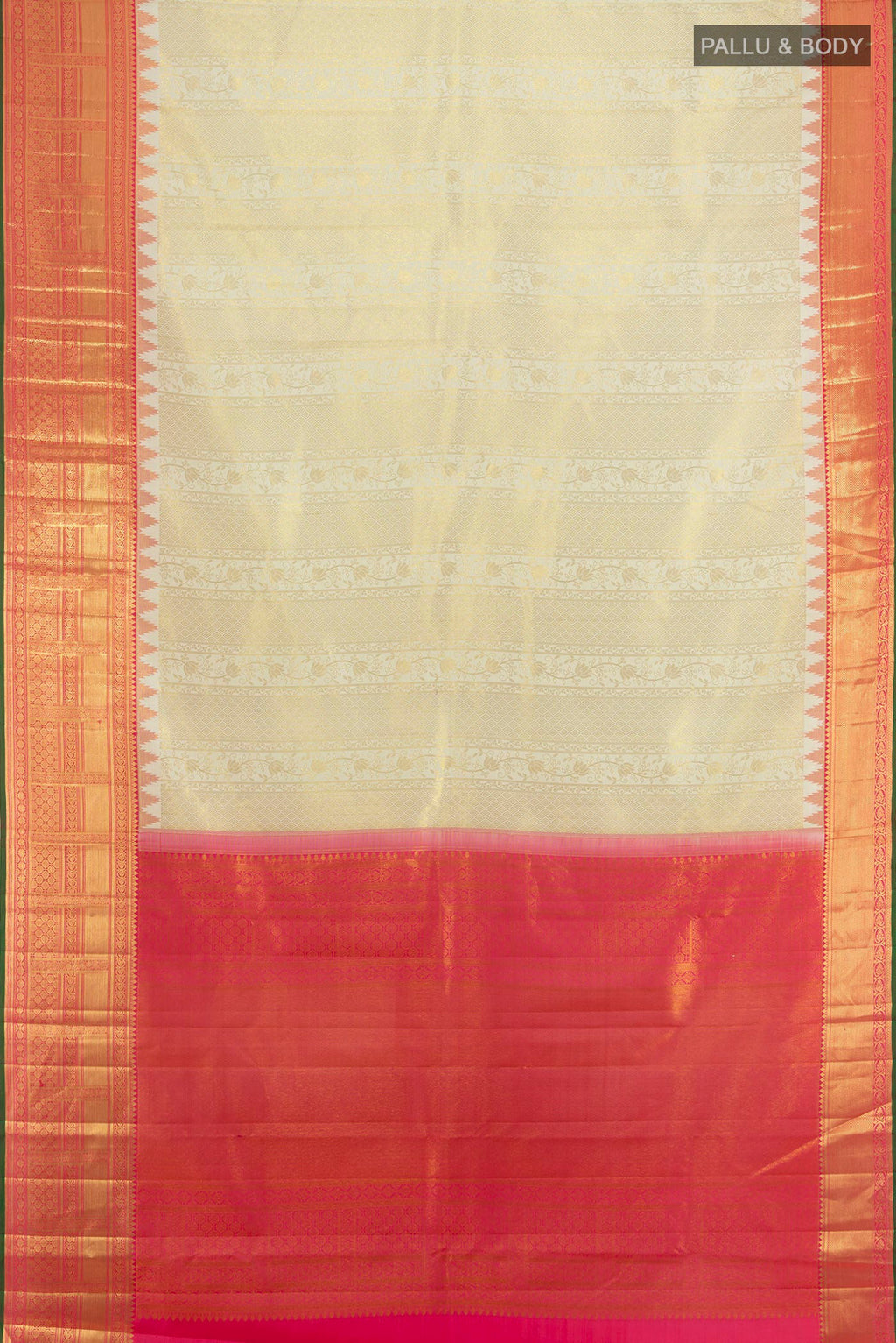 Flat view of Pure Silk Golden Kanjivaram Saree with Zari Butta on the body and Silk Border. 