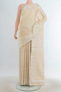 Pure Silk Golden Kanchipuram Saree with Plain Body and Silk Border.  displayed on a mannequin