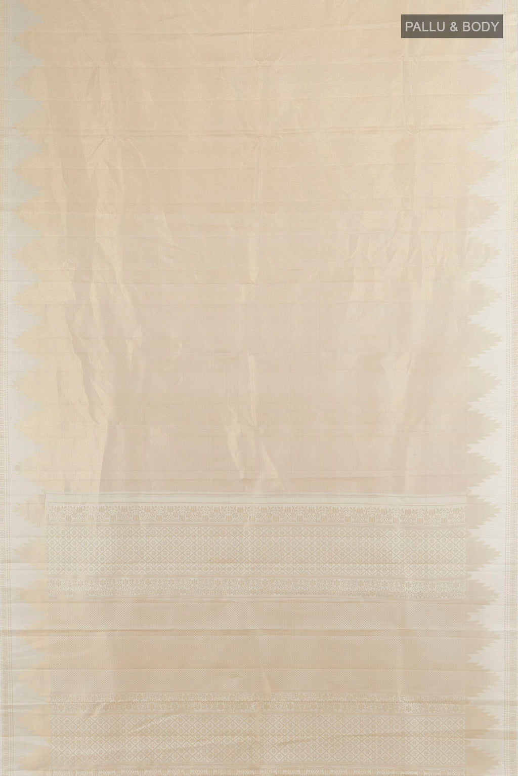 Flat view of Pure Silk Golden Kanchipuram Saree with Plain Body and Silk Border. 