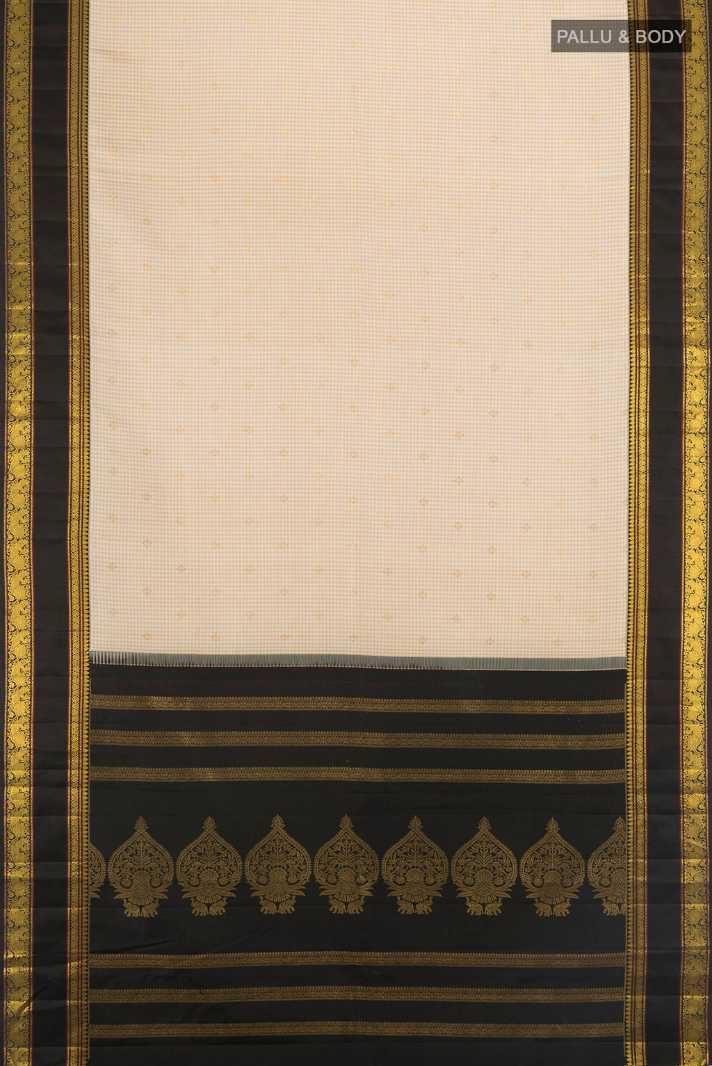 Flat view of Pure Silk Sandal Kanjivaram Saree with Zari Butta on the body and Silk Border. 