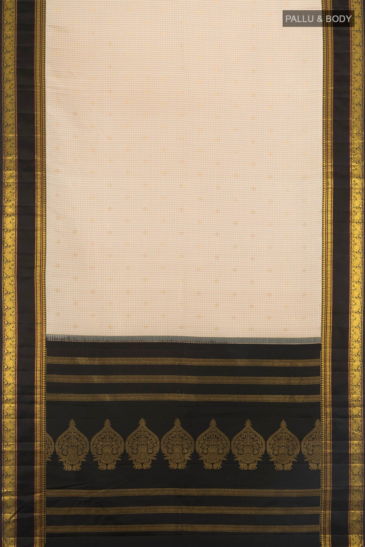 Flat view of Pure Silk Sandal Kanjivaram Saree with Zari Butta on the body and Silk Border. 