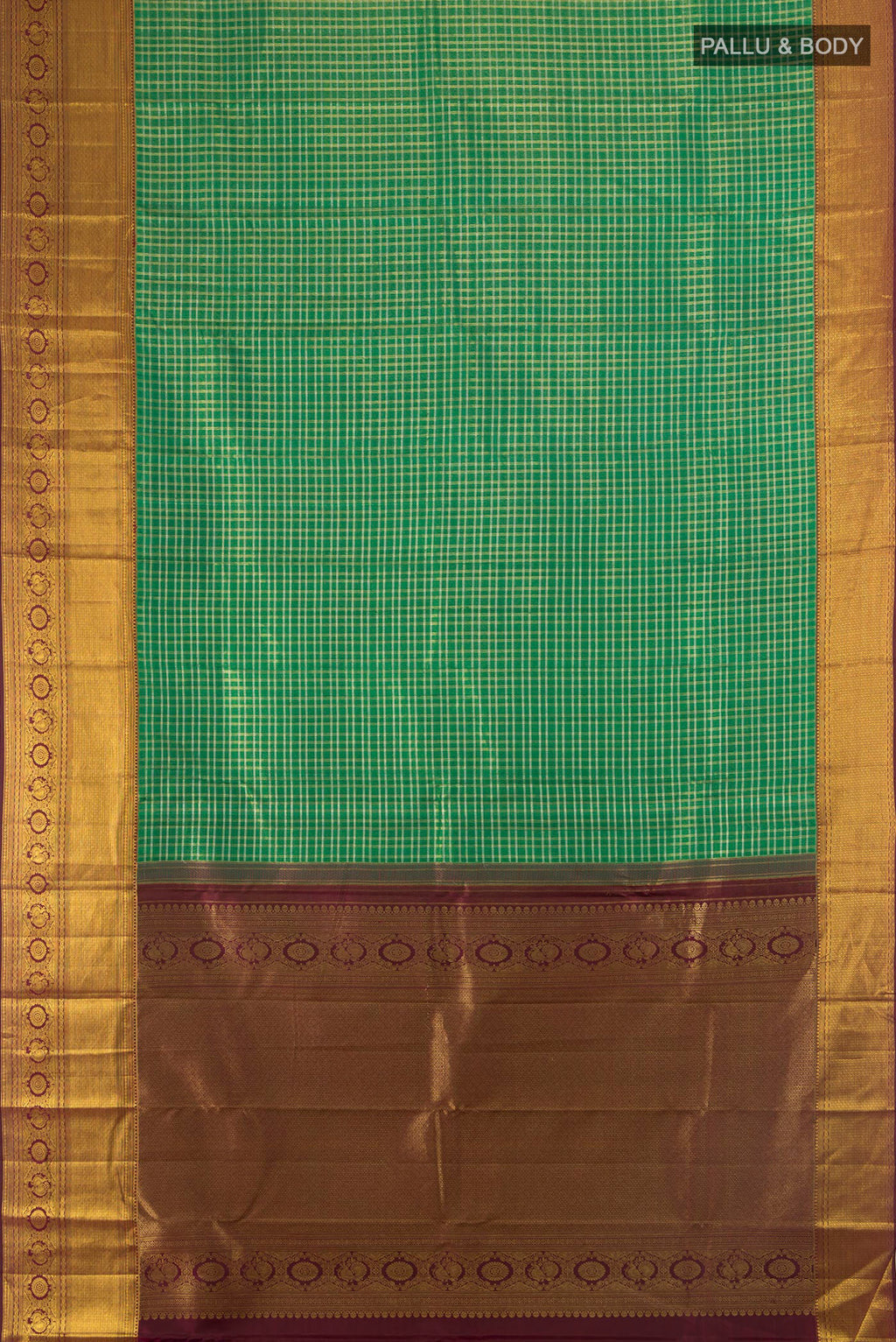 Flat view of Pure Silk Multi Color Kanjivaram Saree with Checked design on the body and Silk Border. 