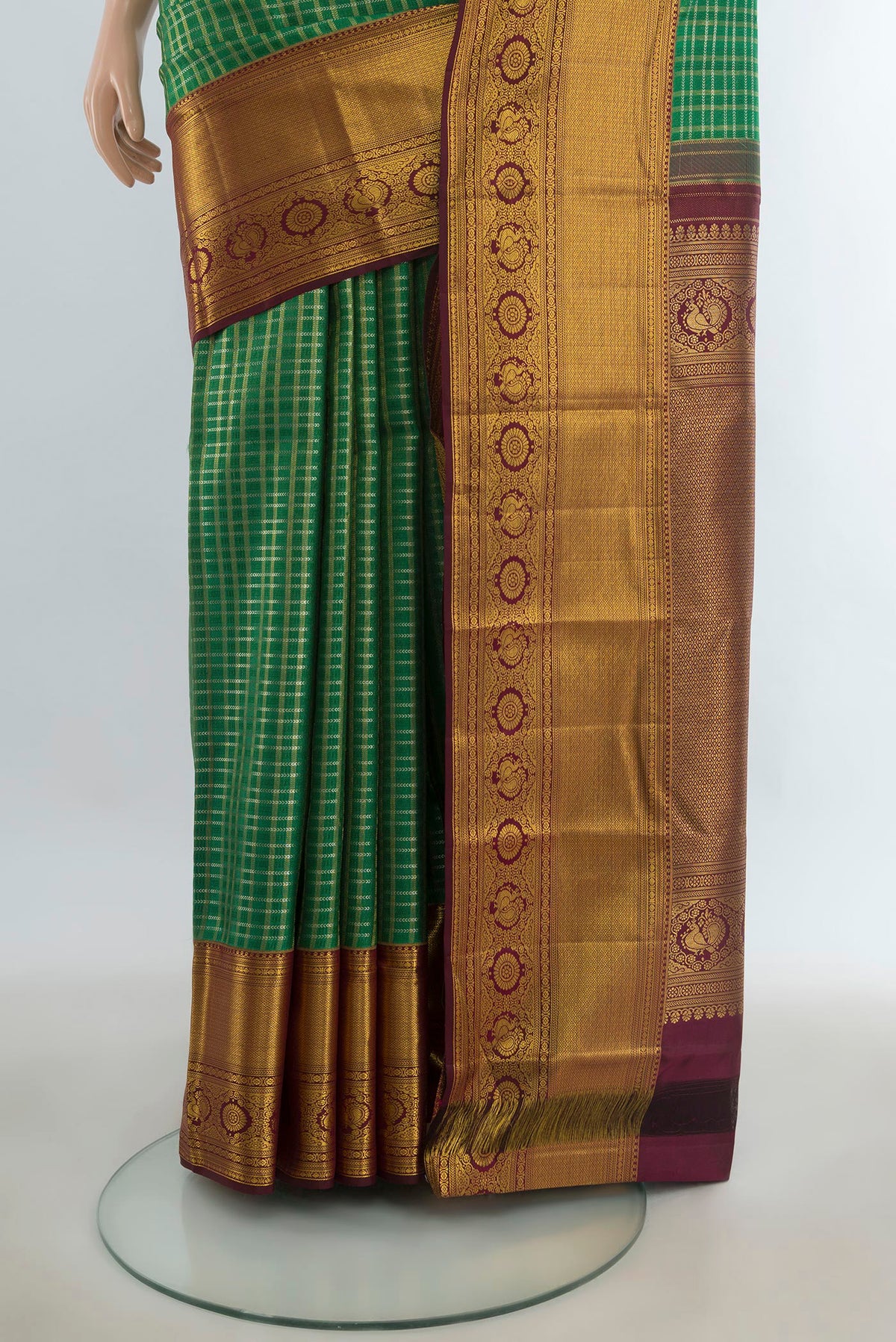 Pleats and pallu of Pure Silk Multi Color Kanjivaram Saree with Checked design on the body and Silk Border. 