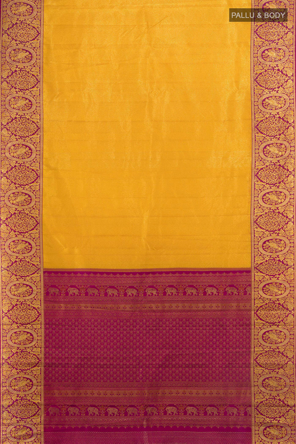 Flat view of Pure Silk Yellow Kanjivaram Saree with Zari Butta on the body and Silk Border. 