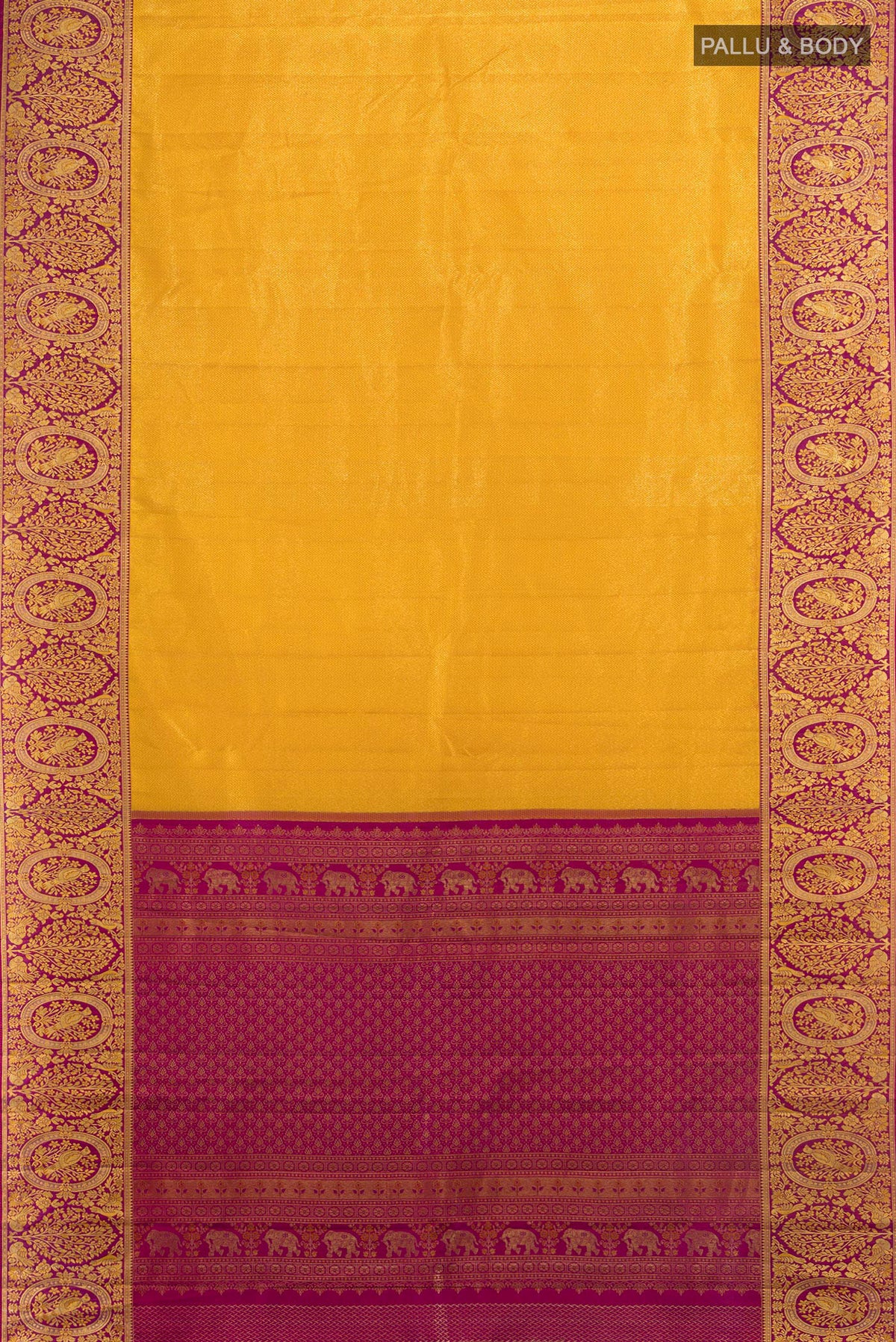 Flat view of Pure Silk Yellow Kanjivaram Saree with Zari Butta on the body and Silk Border. 