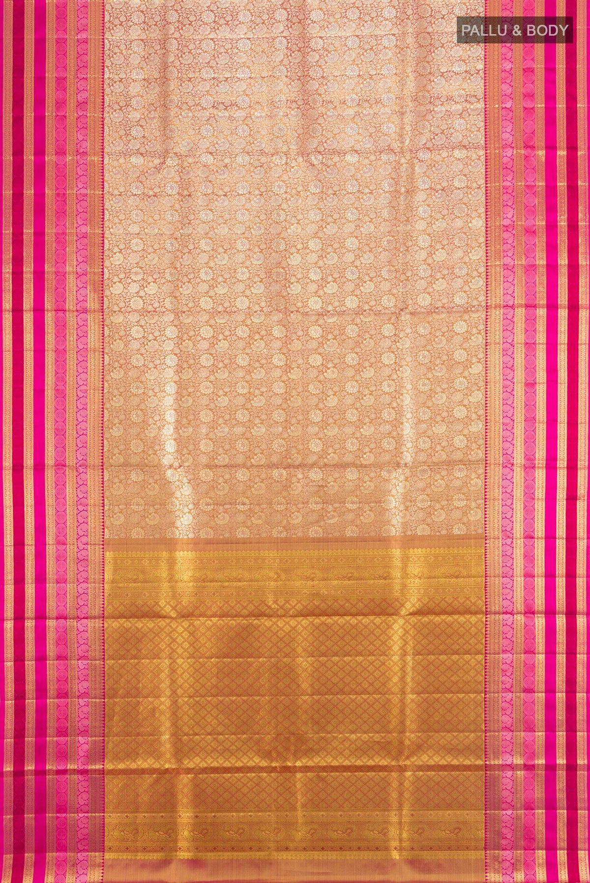 Flat view of Golden Kanjivaram Tissue Saree with Zari Brocade on the body and Zari Border. 