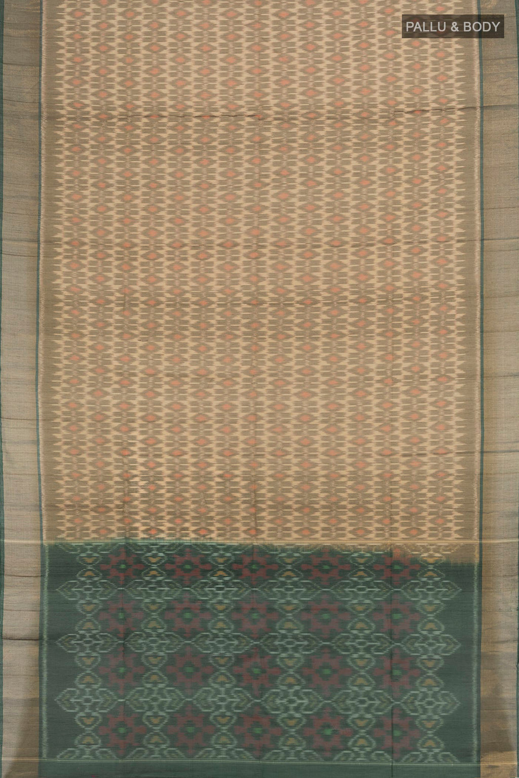 Flat view of Grey Silk Cotton Saree with Ikat Print on the body and Zari Border. 