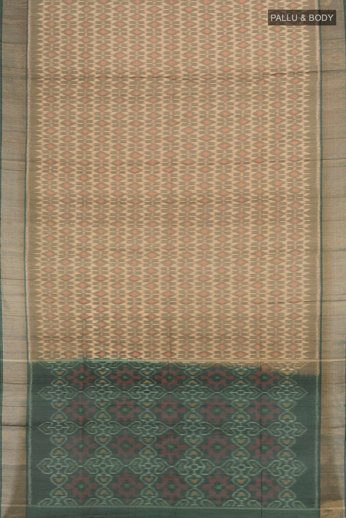 Flat view of Grey Silk Cotton Saree with Ikat Print on the body and Zari Border. 