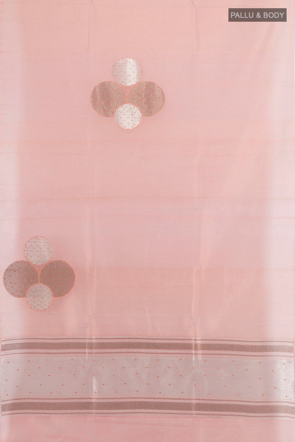 Flat view of Pure Silk Peach Tussar Saree with Fancy on the body and Without Border. 