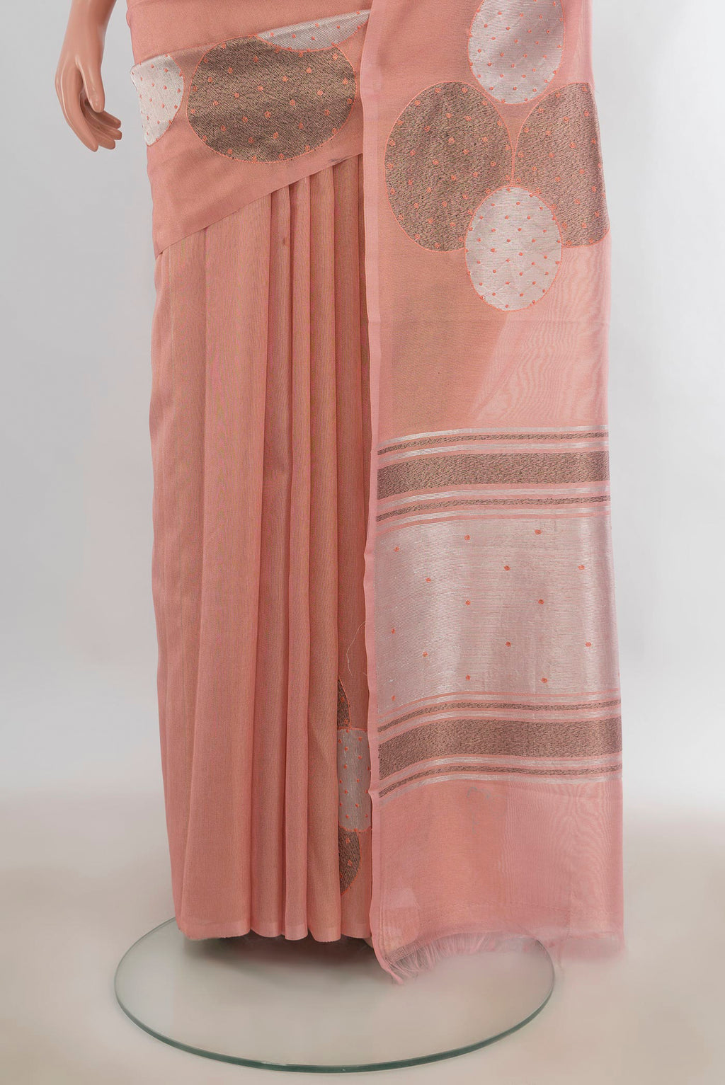 Pleats and pallu of Pure Silk Peach Tussar Saree with Fancy on the body and Without Border. 