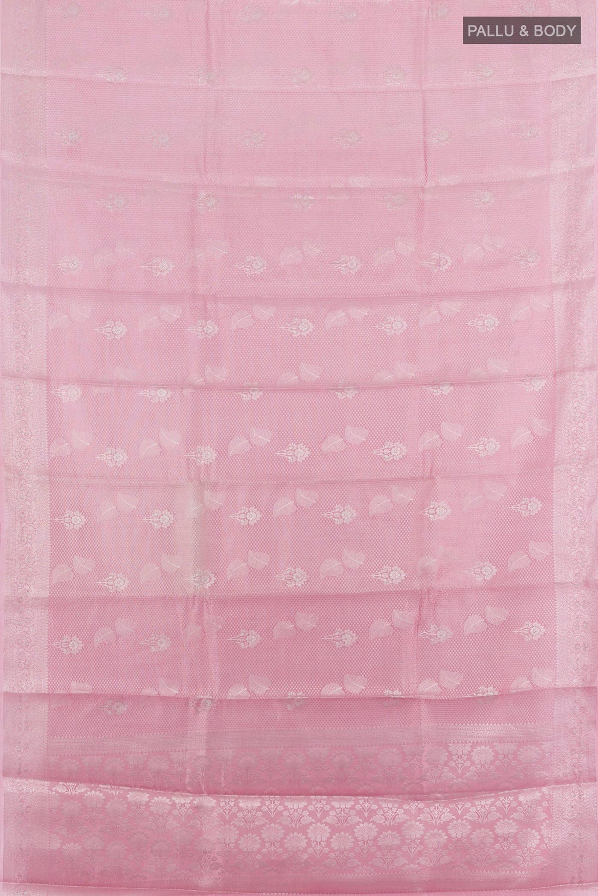 Flat view of Pure Silk Rose pink Banarasi Raw Saree with Zari Butta on the body and Zari Border. 