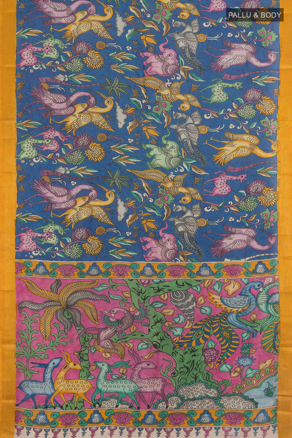 Flat view of Pure Silk Blue kalamkari Saree with Floral Print on the body and Zari Border. 