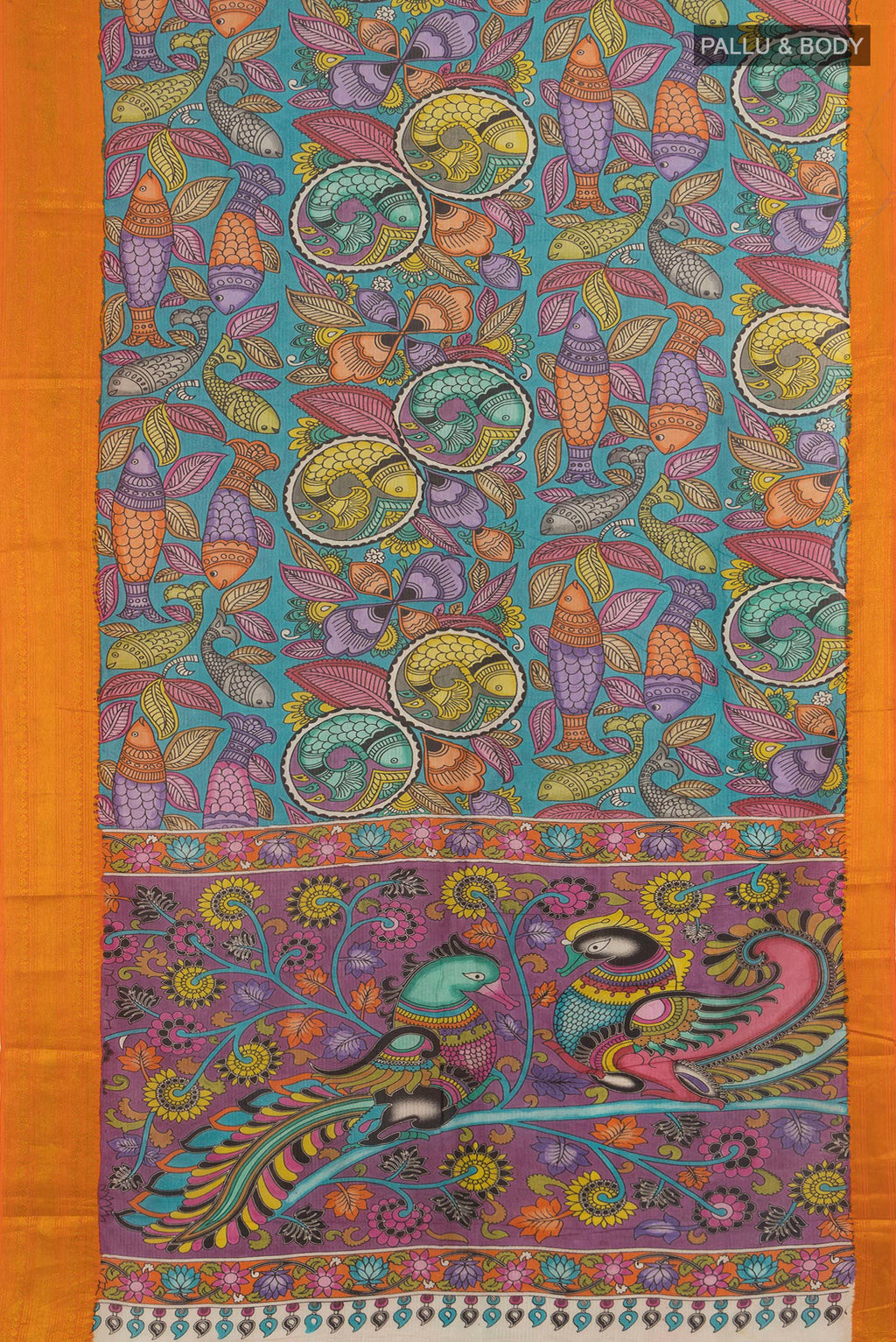 Flat view of Pure Silk Green kalamkari Saree with kalamkari Print on the body and Zari Border. 