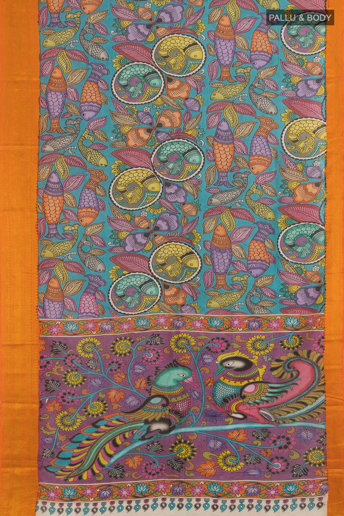 Flat view of Pure Silk Green kalamkari Saree with kalamkari Print on the body and Zari Border. 