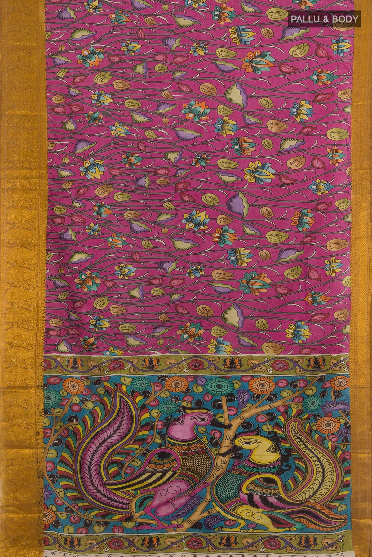 Flat view of Pure Silk Pink kalamkari Saree with kalamkari Print on the body and Zari Border. 