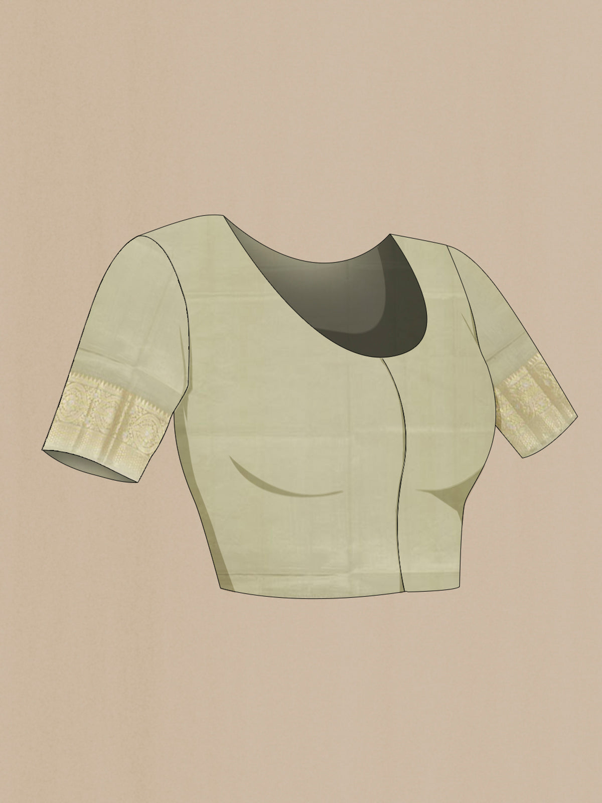 Close up image of the blouse of Pure Silk Olive Green Banarasi Raw Saree with Zari Butta on the body and Silk Border. 
