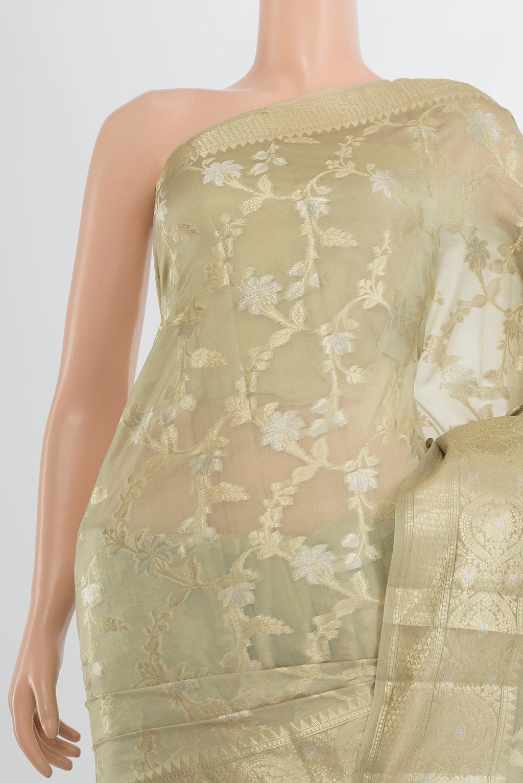 Border image of Pure Silk Olive Green Banarasi Raw Saree with Zari Butta on the body and Silk Border. 