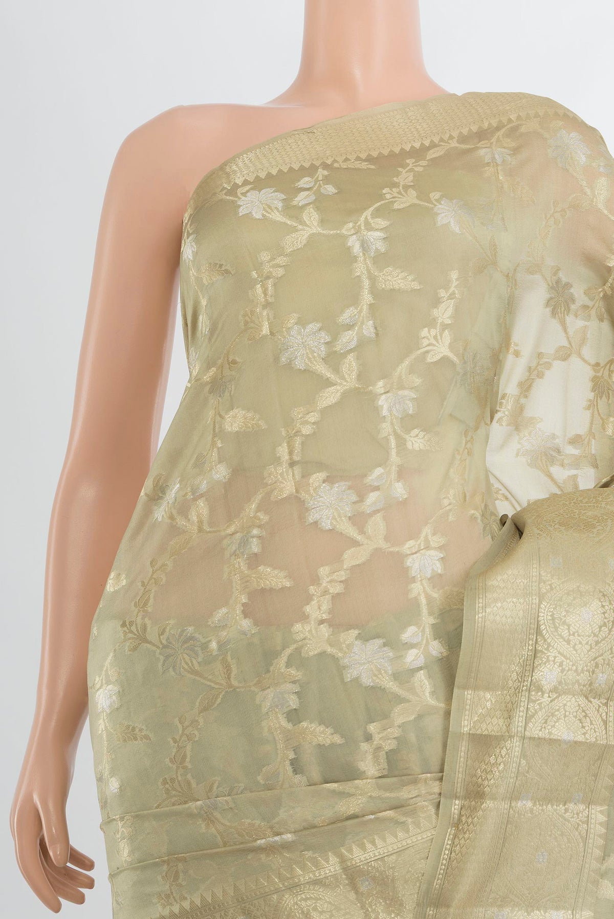 Border image of Pure Silk Olive Green Banarasi Raw Saree with Zari Butta on the body and Silk Border. 