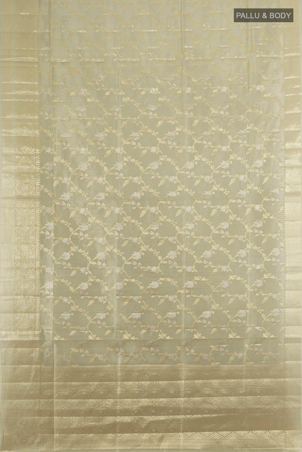 Flat view of Pure Silk Olive Green Banarasi Raw Saree with Zari Butta on the body and Silk Border. 