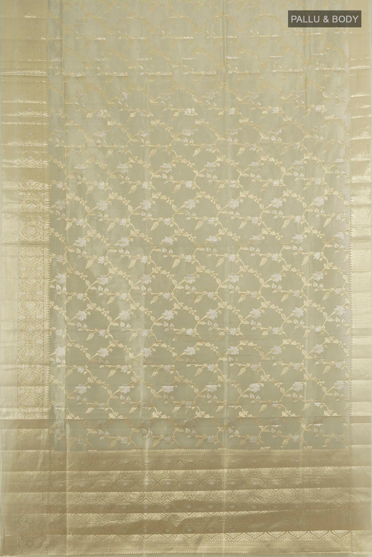 Flat view of Pure Silk Olive Green Banarasi Raw Saree with Zari Butta on the body and Silk Border. 