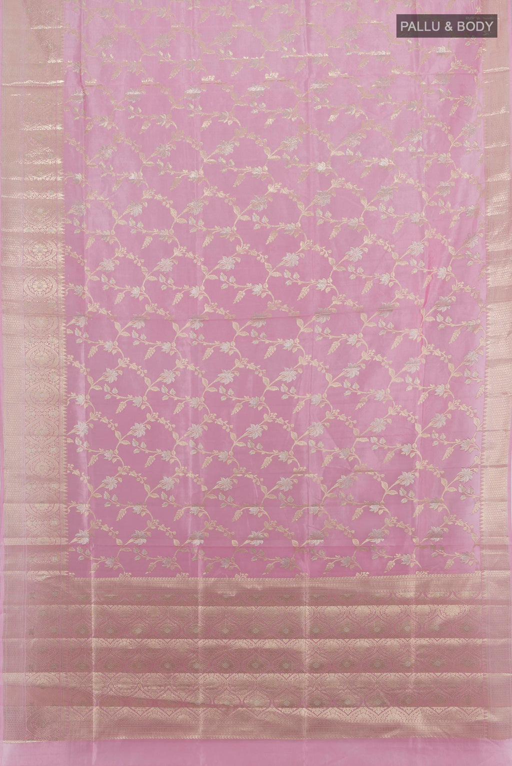 Flat view of Pure Silk Rose pink Banarasi Raw Saree with Zari Butta on the body and Zari Border. 
