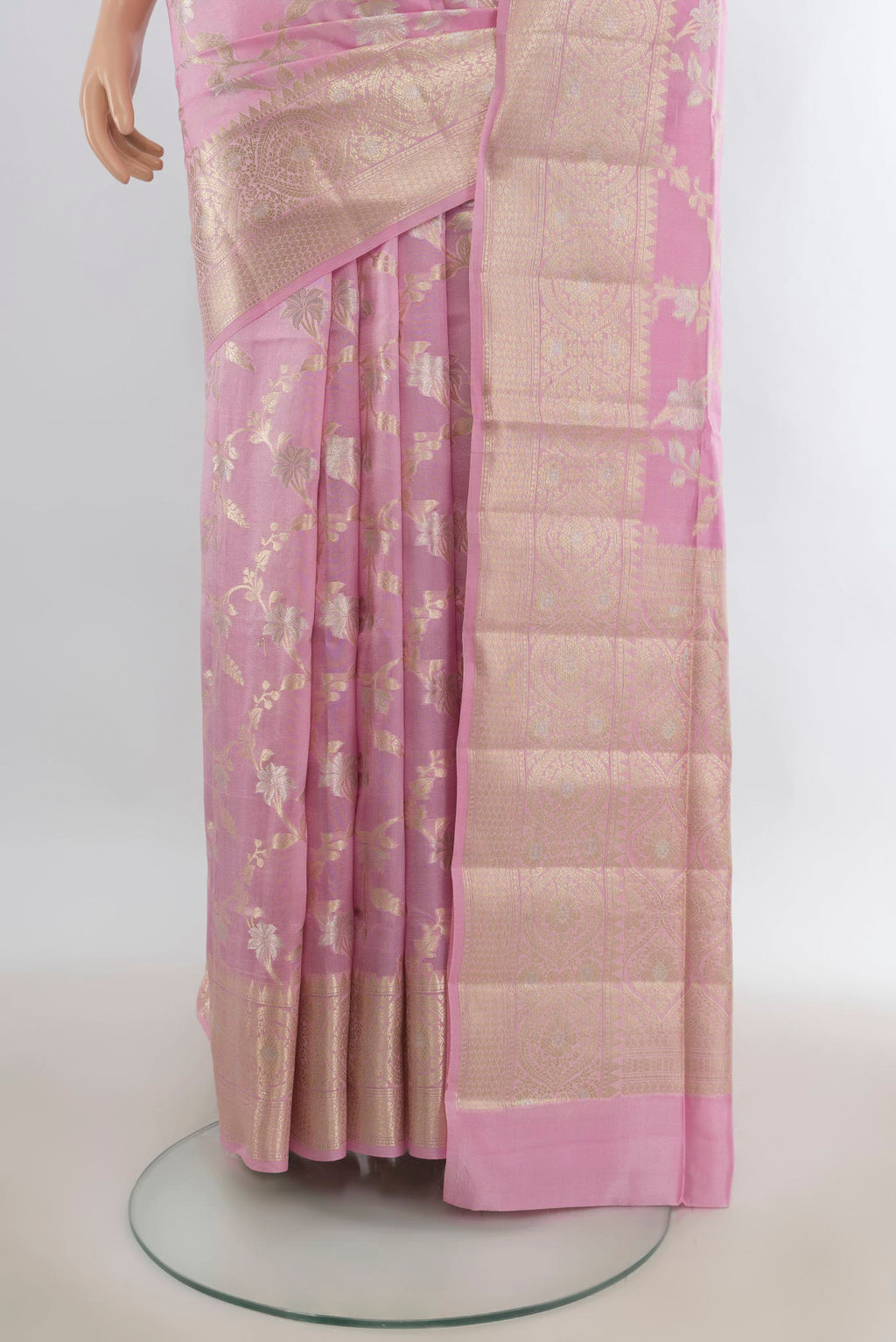 Pleats and pallu of Pure Silk Rose pink Banarasi Raw Saree with Zari Butta on the body and Zari Border. 