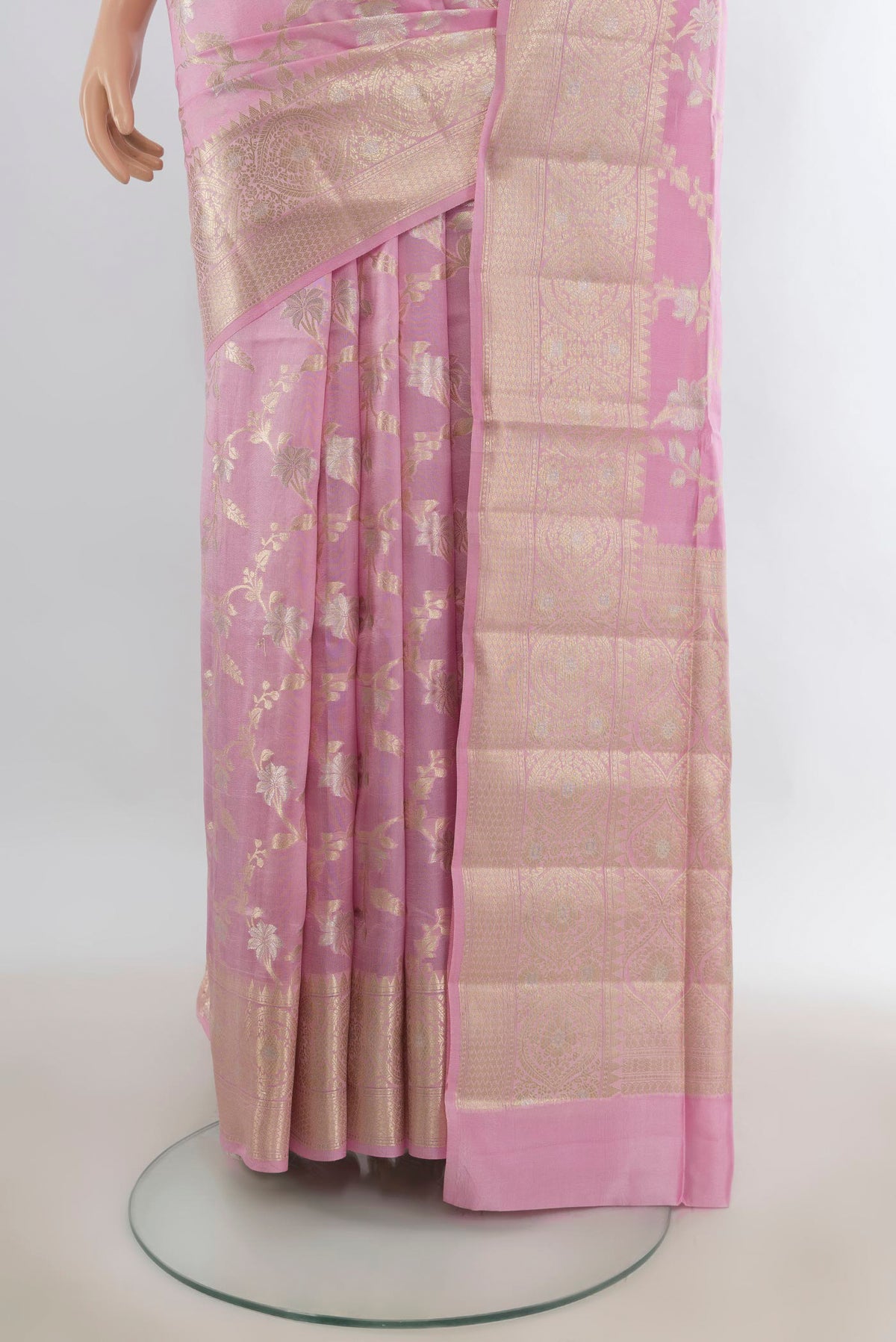 Pleats and pallu of Pure Silk Rose pink Banarasi Raw Saree with Zari Butta on the body and Zari Border. 