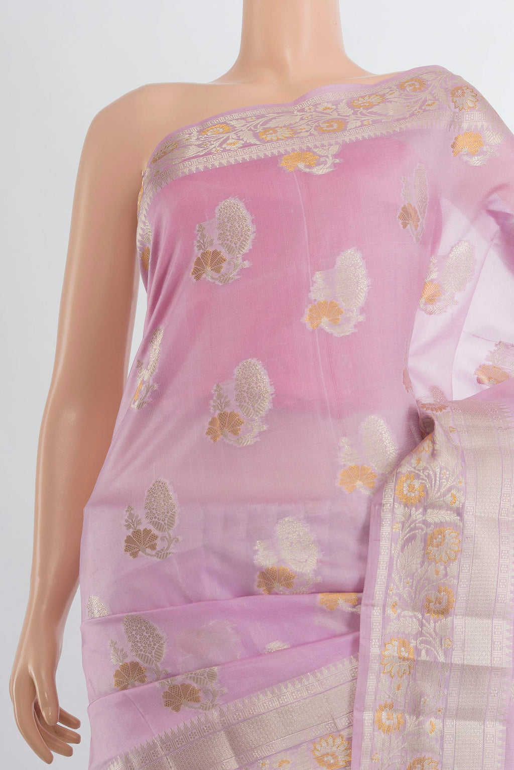 Border image of Pure Silk Rose Gold Banarasi Raw Saree with Zari Butta on the body and Silk Border. 
