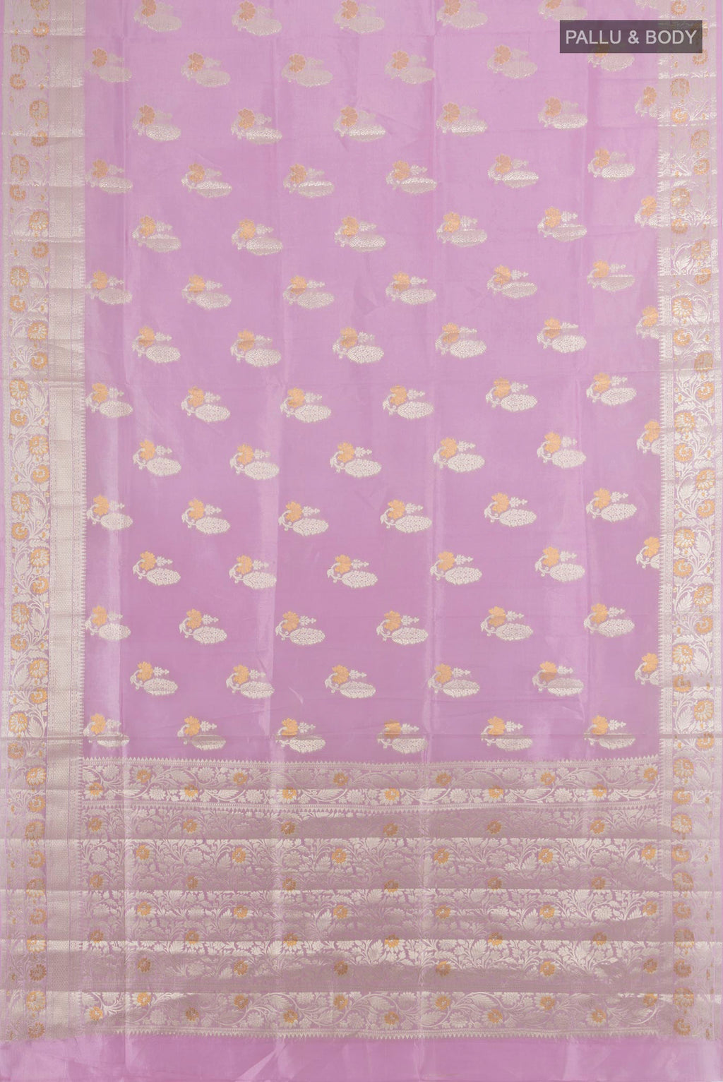 Flat view of Pure Silk Rose Gold Banarasi Raw Saree with Zari Butta on the body and Silk Border. 