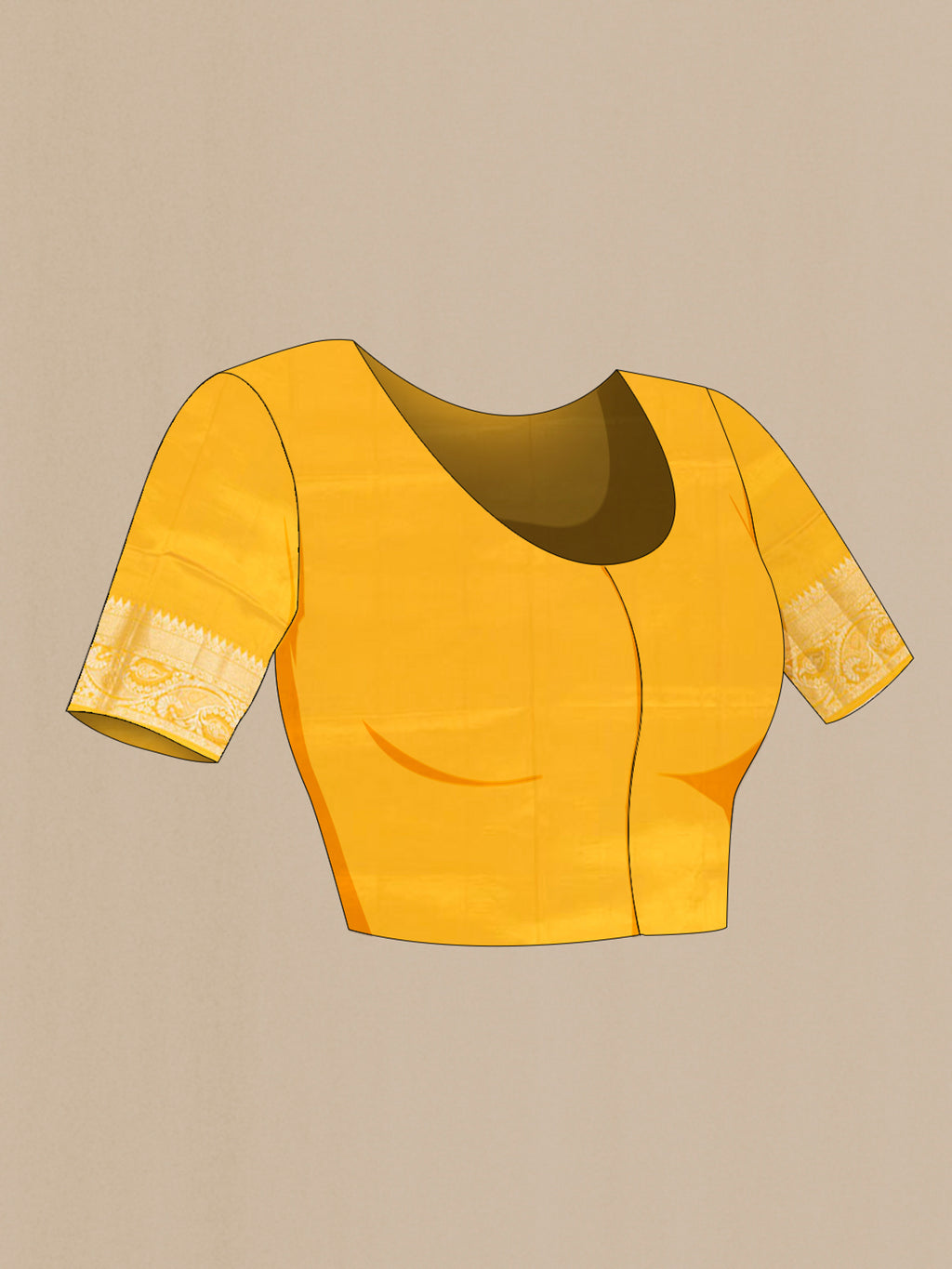 Close up image of the blouse of Pure Silk Mustard Banarasi Raw Saree with Zari Butta on the body and Silk Border. 