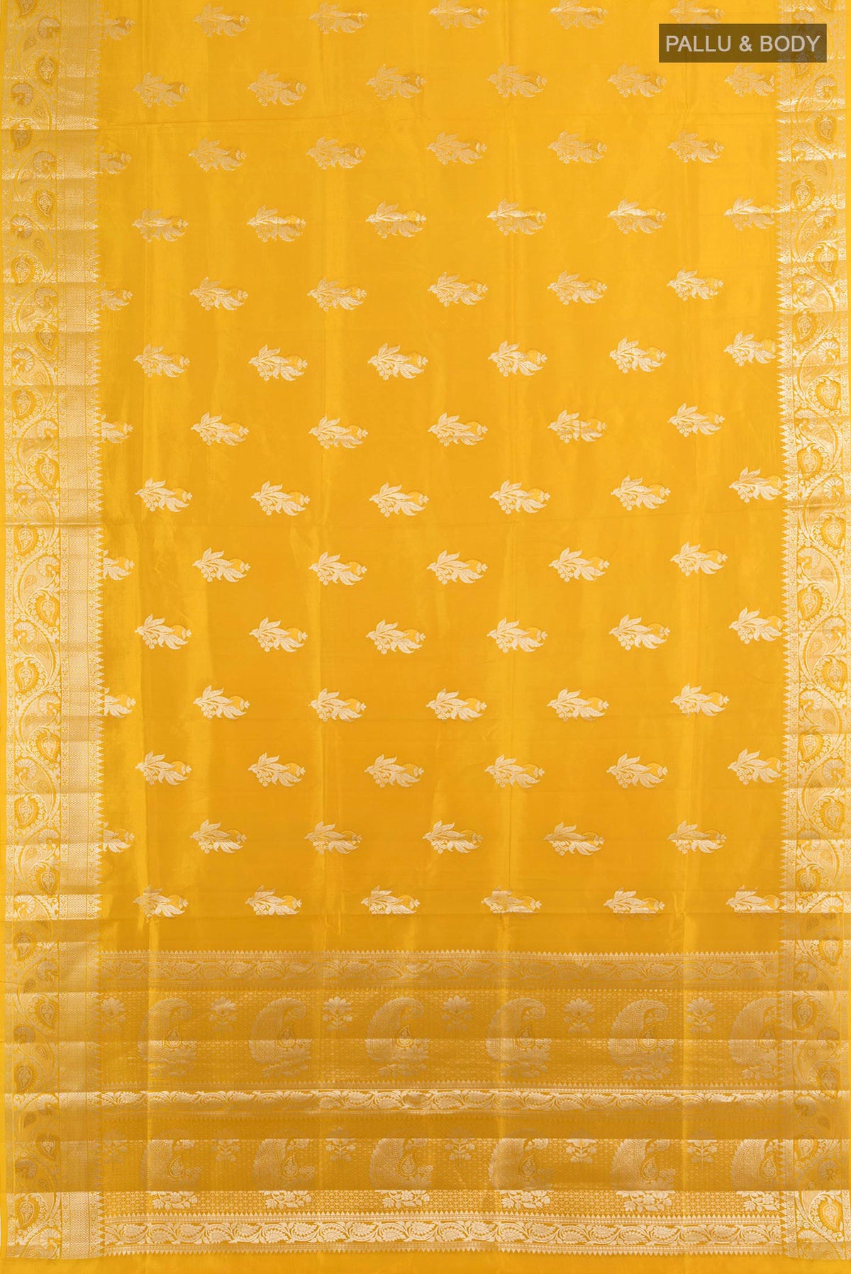 Flat view of Pure Silk Mustard Banarasi Raw Saree with Zari Butta on the body and Silk Border. 