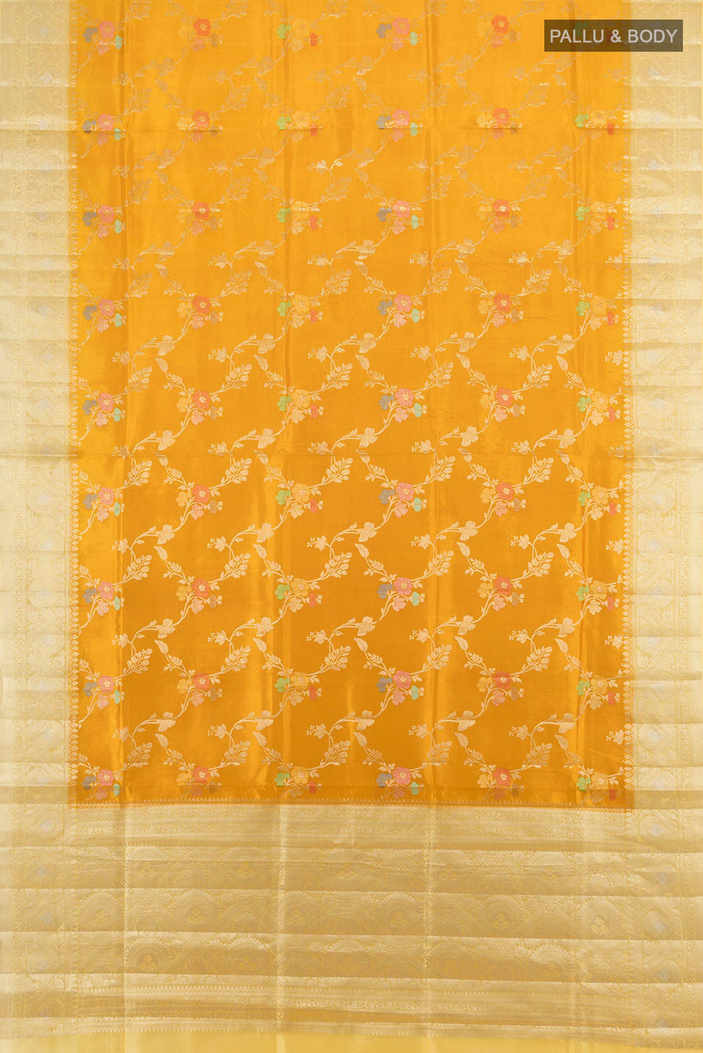 Flat view of Pure Silk Yellow Banarasi Raw Saree with Zari Butta on the body and Zari Border. 