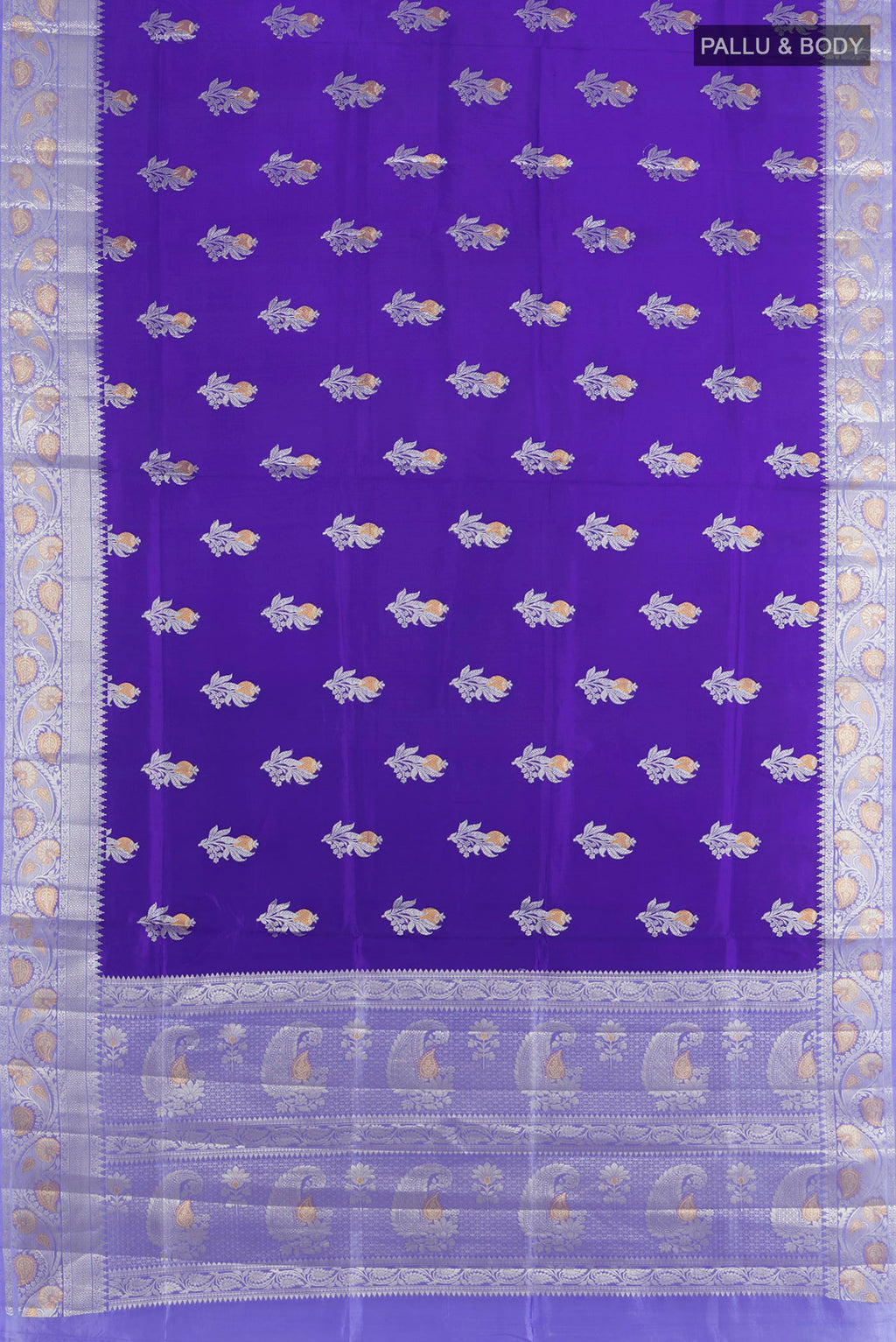 Flat view of Pure Silk Dark Blue Banarasi Raw Saree with Zari Butta on the body and Silk Border. 
