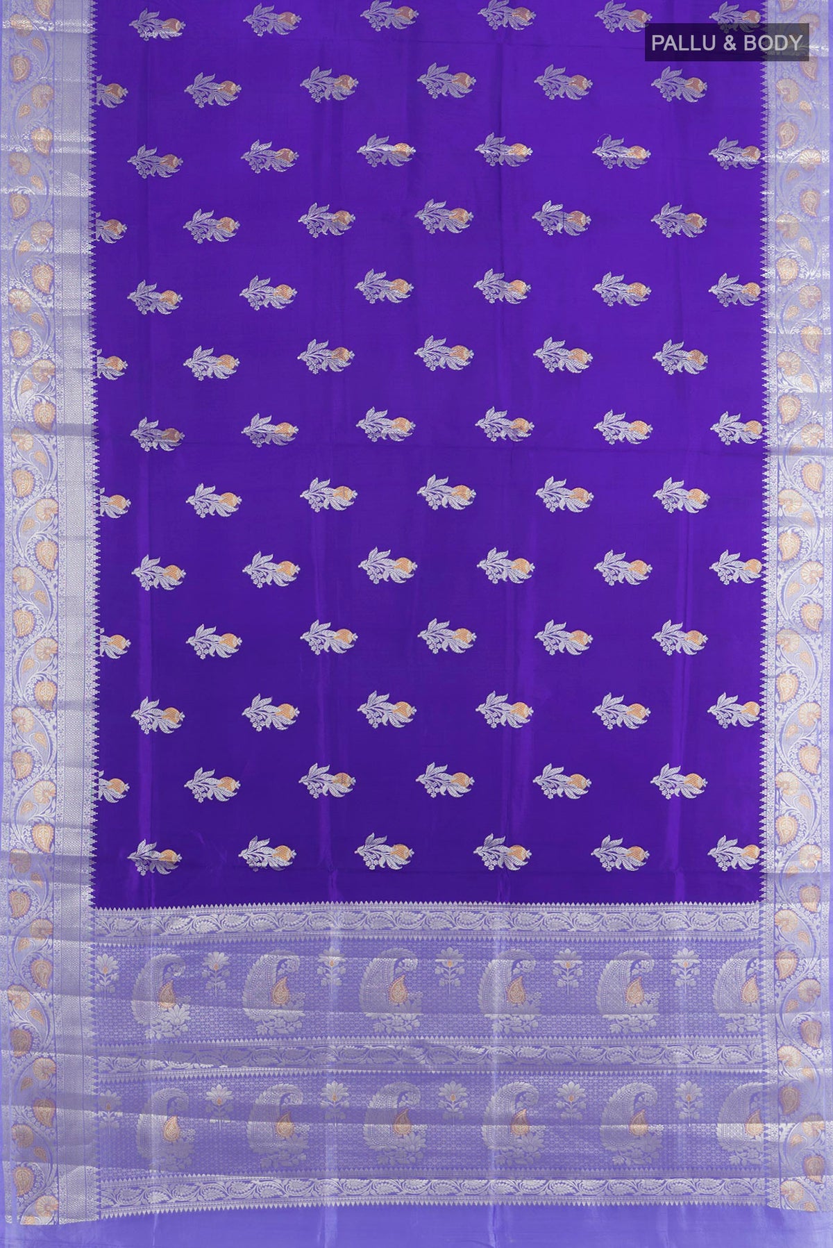 Flat view of Pure Silk Dark Blue Banarasi Raw Saree with Zari Butta on the body and Silk Border. 