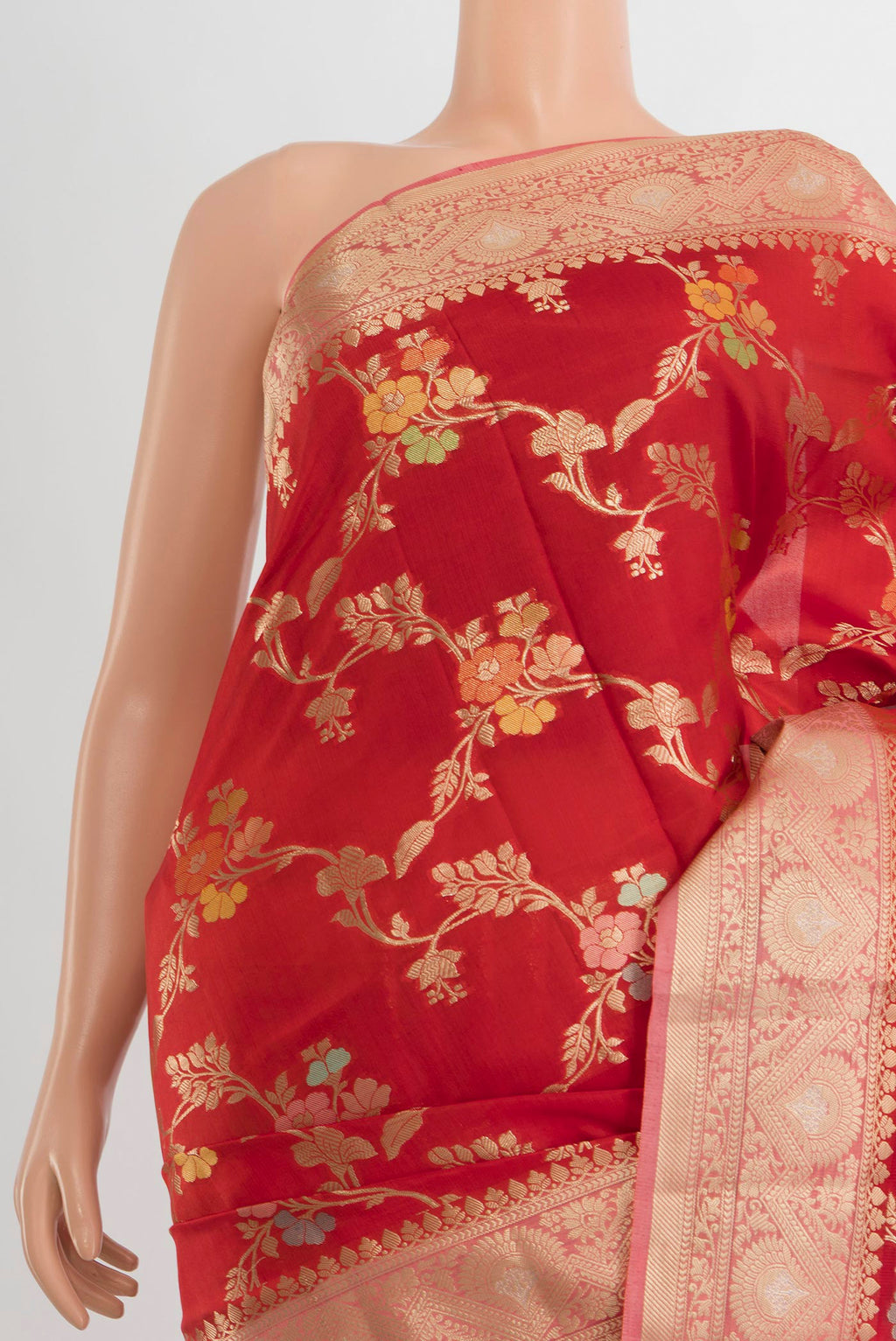 Border image of Pure Silk Red Banarasi Raw Saree with Zari Butta on the body and Silk Border. 