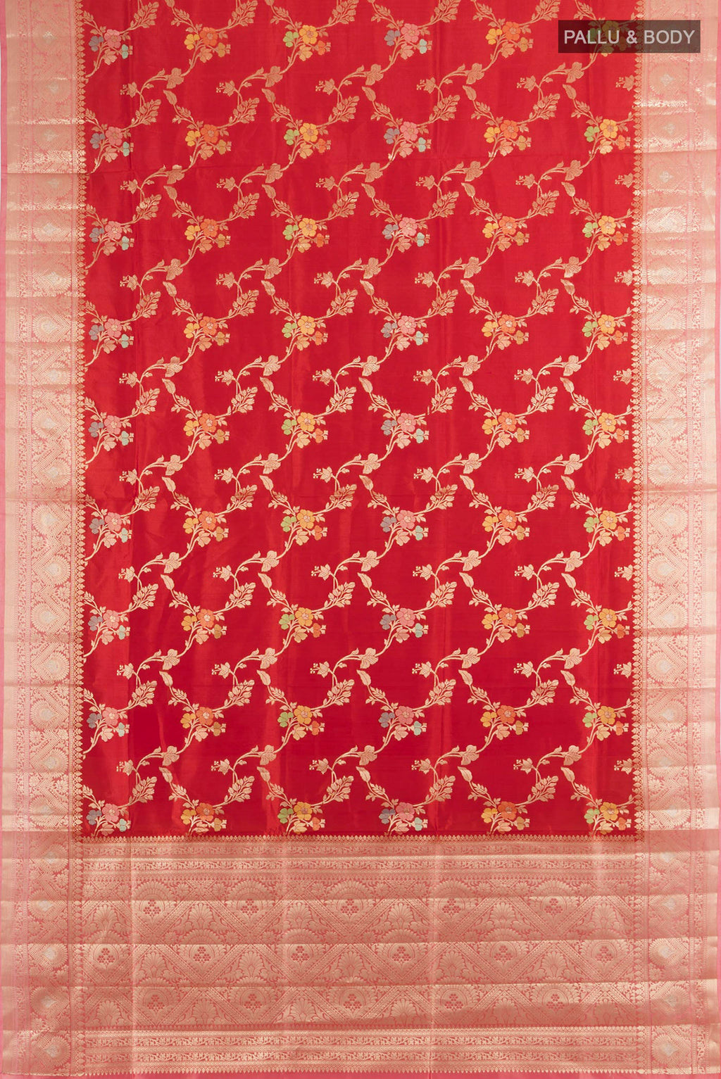 Flat view of Pure Silk Red Banarasi Raw Saree with Zari Butta on the body and Silk Border. 