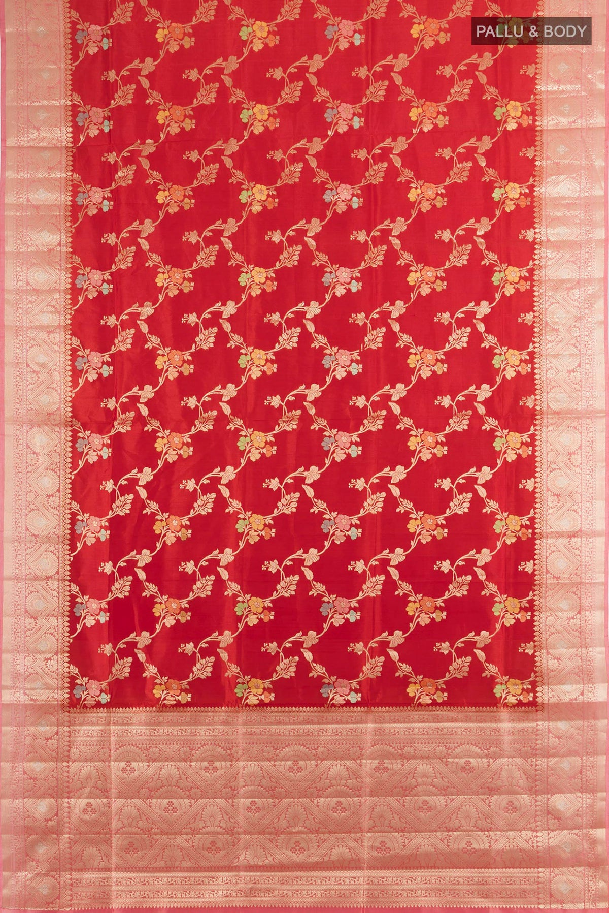 Flat view of Pure Silk Red Banarasi Raw Saree with Zari Butta on the body and Silk Border. 