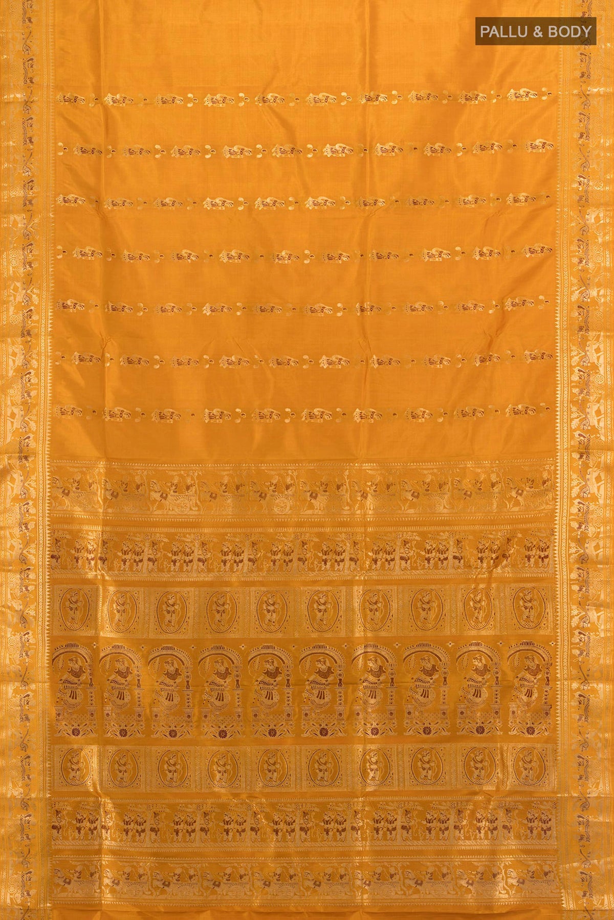 Flat view of Pure Silk Mustard Baluchari Saree with Thread Butta on the body and Zari Border. 