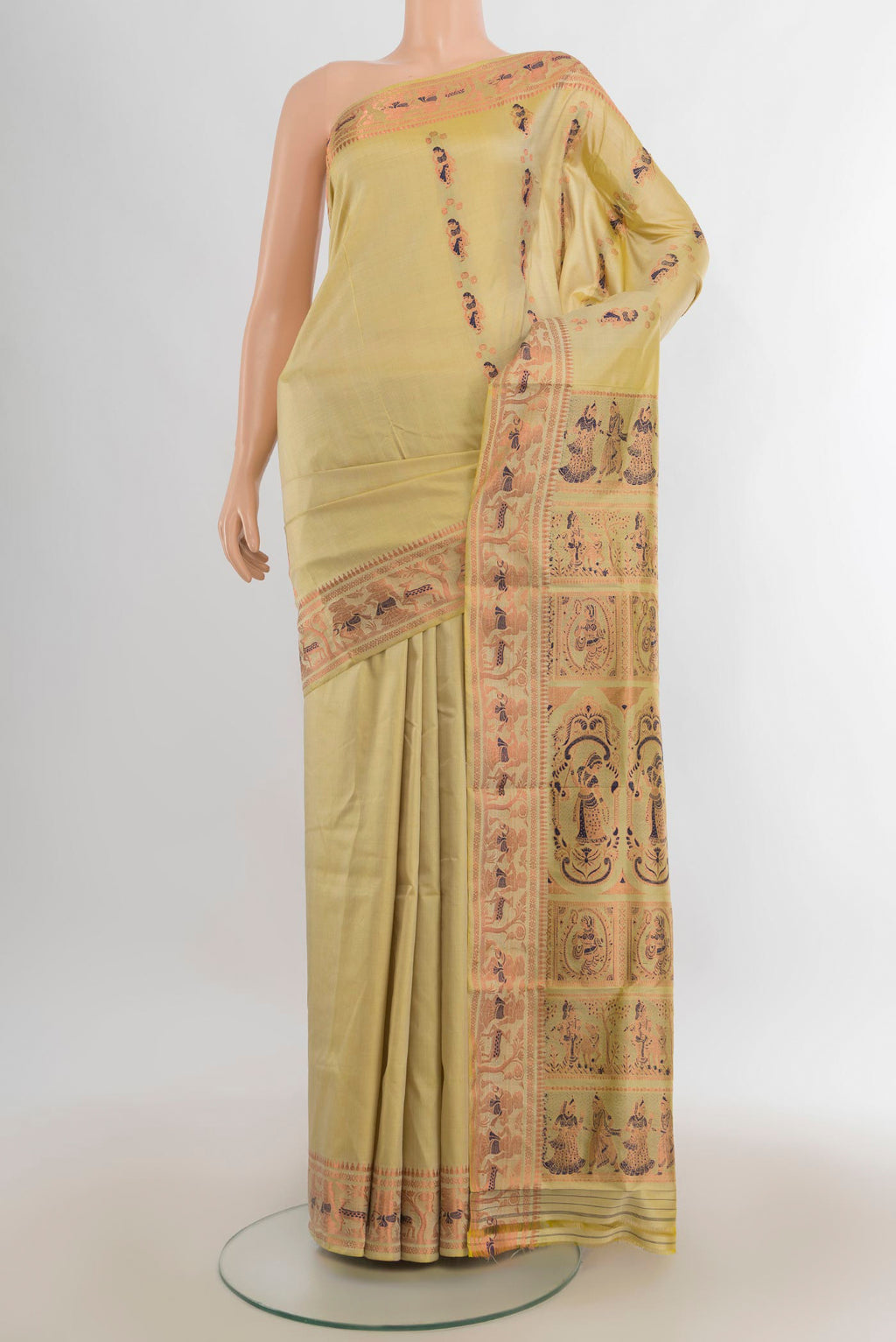 Pure Silk Lemon Yellow Baluchari Saree with Zari And Thread Butta on the body and Zari Border.  displayed on a mannequin