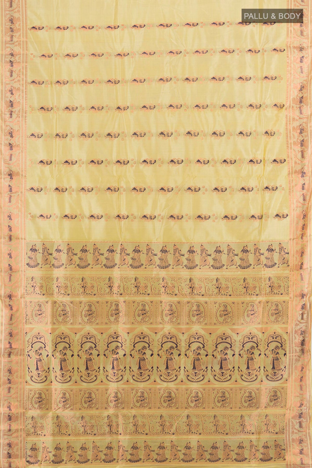 Flat view of Pure Silk Lemon Yellow Baluchari Saree with Zari And Thread Butta on the body and Zari Border. 
