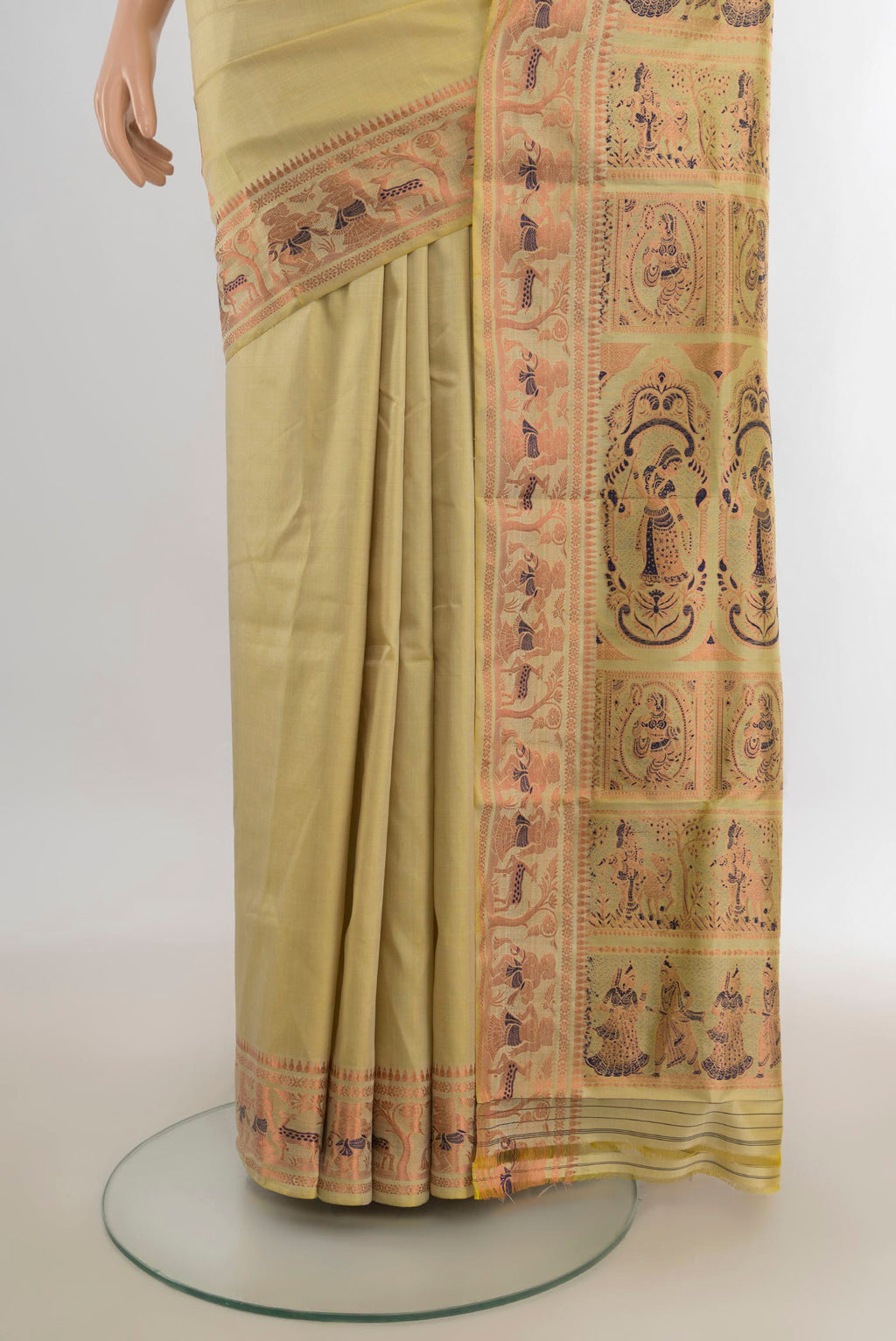 Pleats and pallu of Pure Silk Lemon Yellow Baluchari Saree with Zari And Thread Butta on the body and Zari Border. 