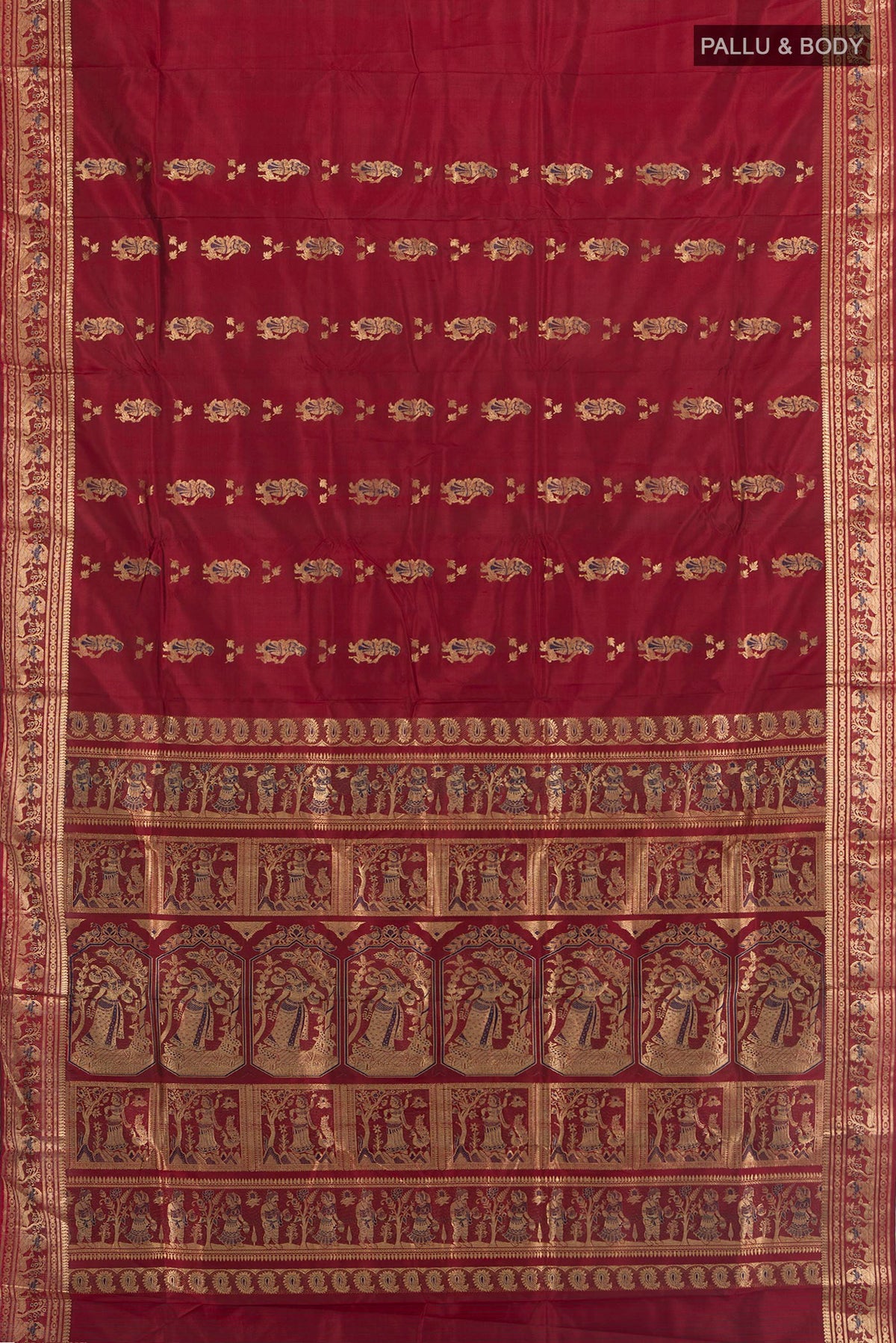 Flat view of Pure Silk Maroon Baluchari Saree with Zari Butta on the body and Zari Border. 