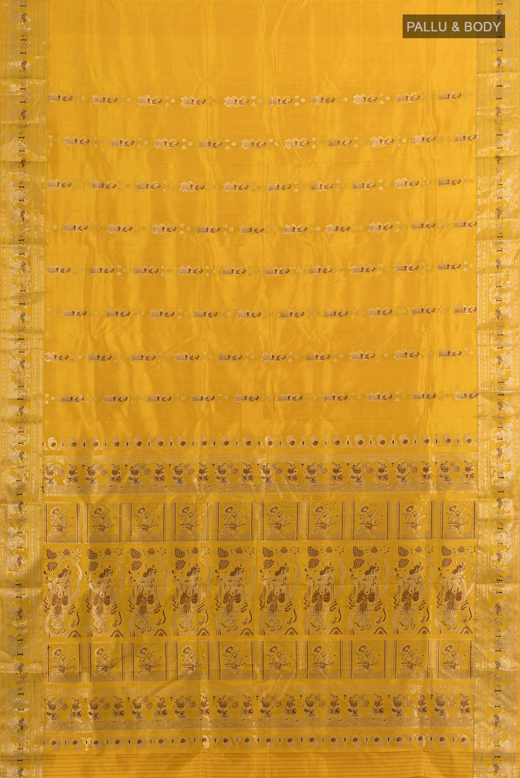 Flat view of Pure Silk Mustard Baluchari Saree with Zari Butta on the body and Zari Border. 