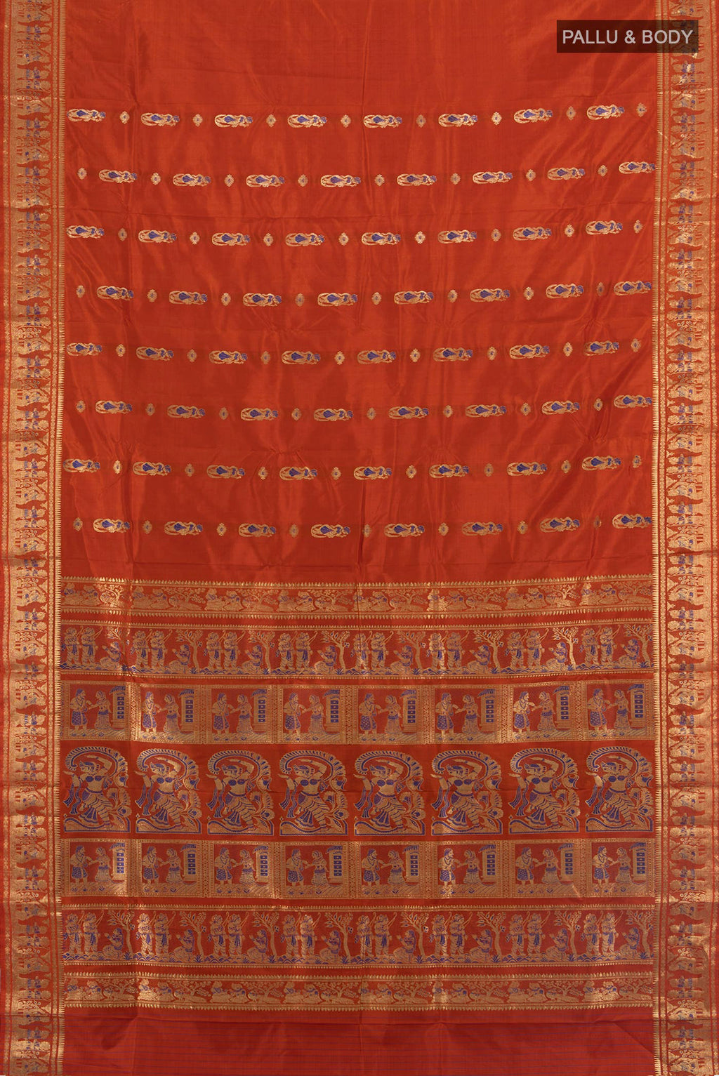 Flat view of Pure Silk Rust Baluchari Saree with Zari And Thread Butta on the body and Zari Border. 