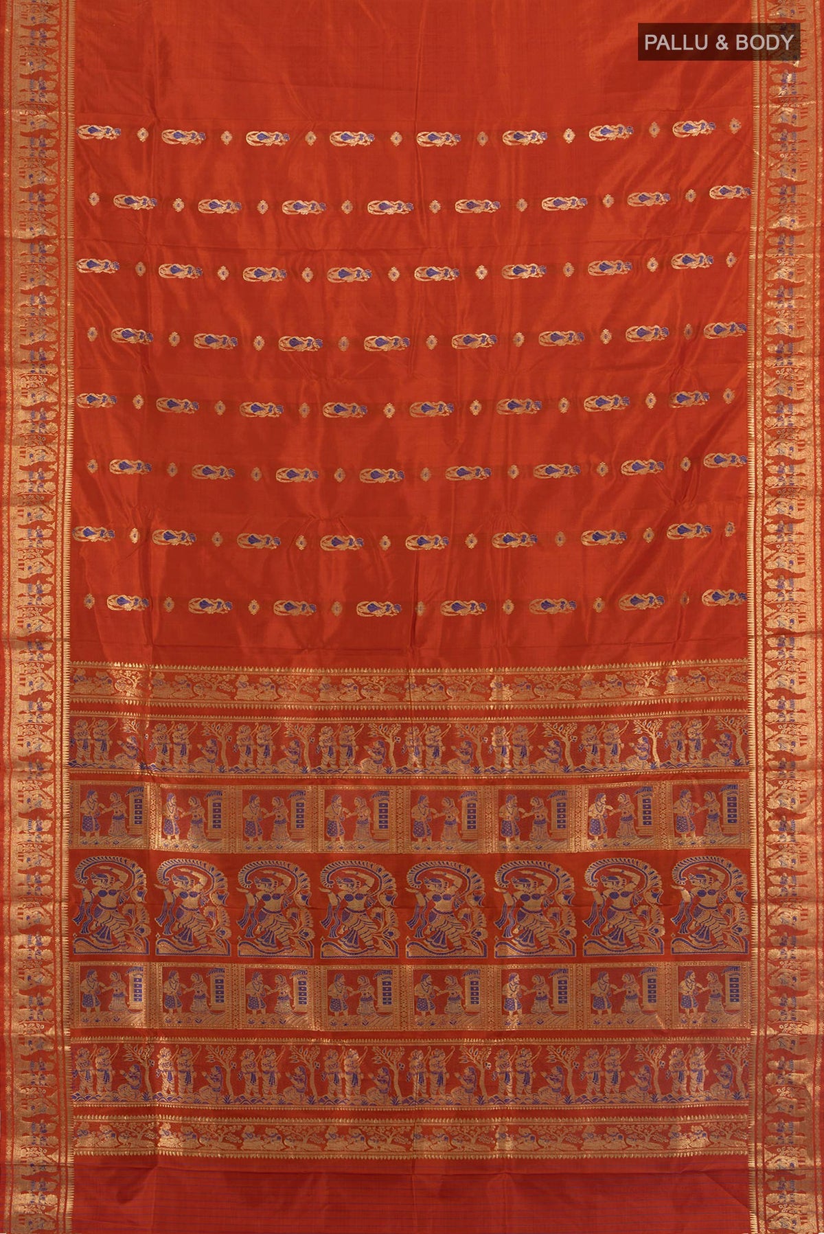 Flat view of Pure Silk Rust Baluchari Saree with Zari And Thread Butta on the body and Zari Border. 